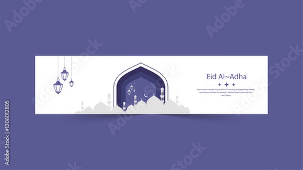 Fototapeta Night View with Crescent Moon and Muslim Silhouettes Inside Eid Text Social media banner