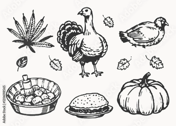 Fototapeta Happy Thanksgiving day doodle sketch element vector set isolated on transparent background