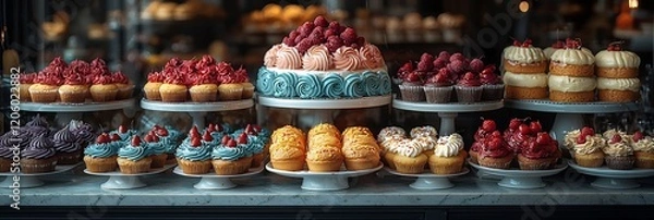 Fototapeta Bakerys vibrant window display filled with colorful cakes cookies and cupcakes each perfectly crafted to attract customers passing by