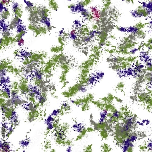 Obraz Paint splashes with dotted texture. Dark indigo, khaki green, cloudy grey and red purple colors on the white background. Seamless hand drawn pattern