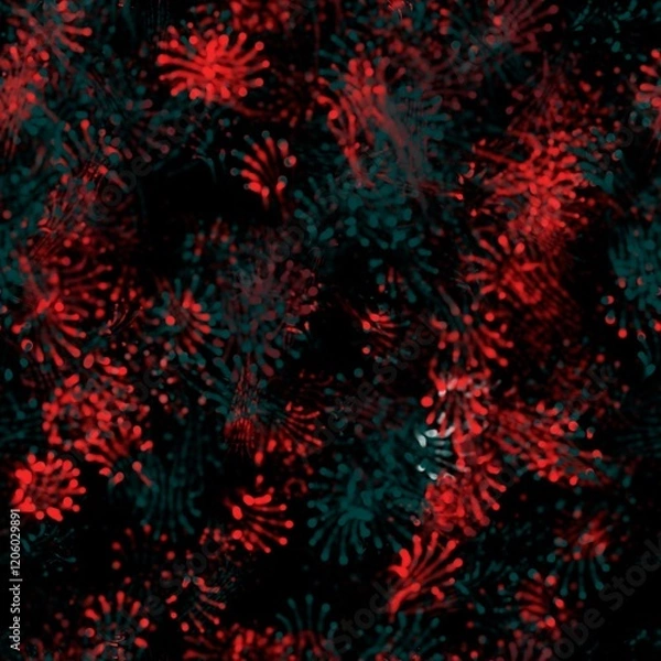 Obraz Abstract blurred spots, lines and splashes on the dark background. Fireworks imitation. Ruby red and aqua deep colors. Seamless hand drawn pattern.