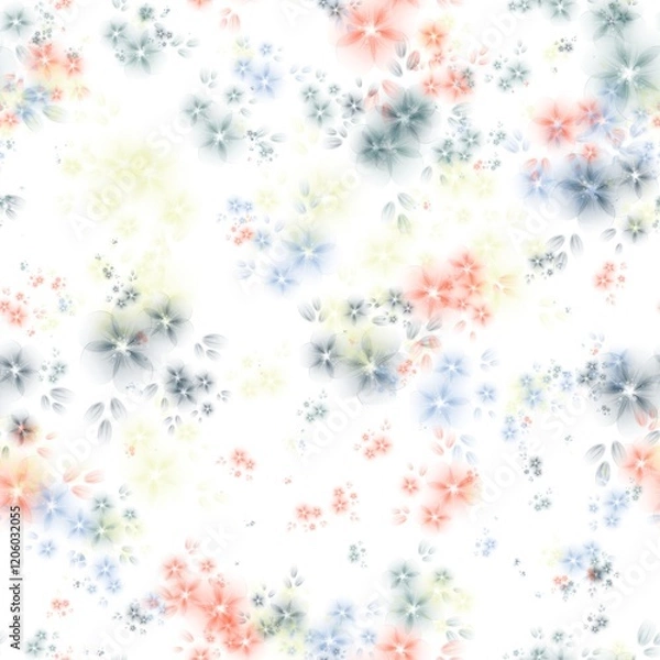 Obraz Coral pink, light grey blue, blue grey and beige transparent flowers on the white background. Seamless hand drawn pattern for wrapping, textile, print