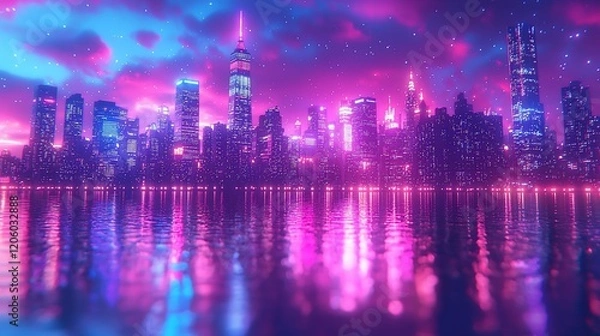 Obraz Neon Cityscape Reflection: A Dreamlike Metropolis at Night
