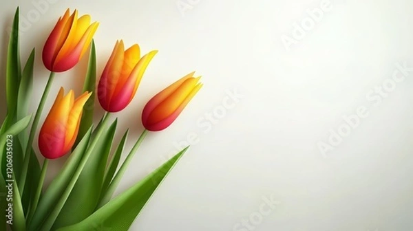 Fototapeta A vibrant arrangement of orange and red tulips on a light background.