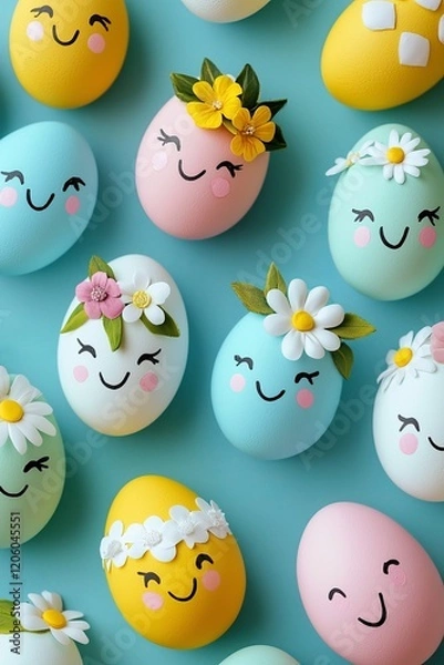 Fototapeta A vibrant collection of colorful eggs embellished with various floral motifs, highlighting the artistry in decoration and the festive spirit of the spring season with a cheerful atmosphere.