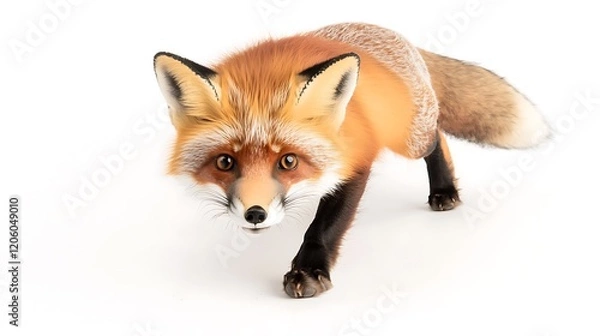 Fototapeta A red fox with a curious demeanor captured in sharp focus, its bright fur and intense gaze contrasting against the white background