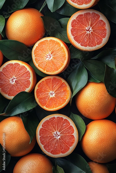 Obraz Grapefruits and Lush Green Leaves A Vibrant Citrus Still Life