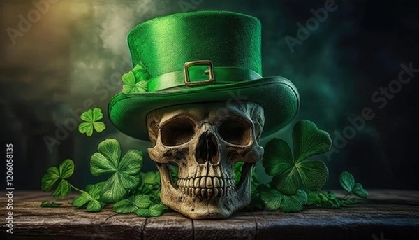 Obraz St Patrick's Day skull adorned with a hat and clover putting on the stone tabl