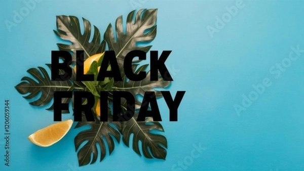 Fototapeta Tropical Style Black Friday Sale Black on Blue background with copy space ai generated
