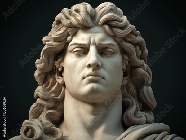 Fototapeta A classical sculpture of a Vedic guardian deity with a prominent frown and determined features. The dark background enhances the stone figure's powerful and iconic presence.