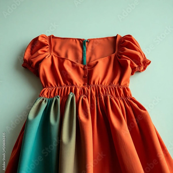 Obraz A high angle perspective of a dress and fashion portfolio. Warm terracotta and cool teal colors contrast, creating an earthy and cool aesthetic