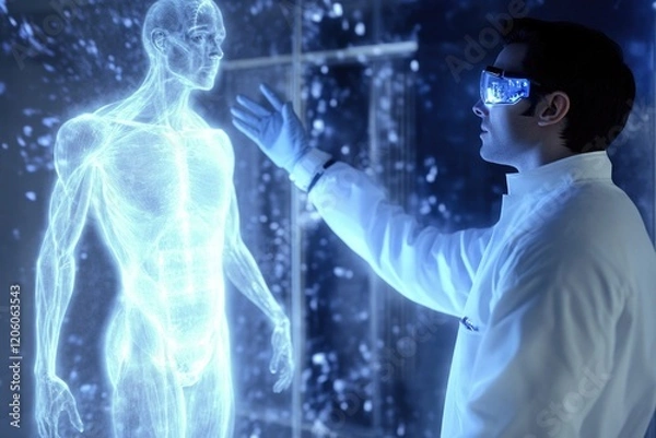 Fototapeta Young caucasian male scientist interacting with virtual holographic human model in high-tech lab