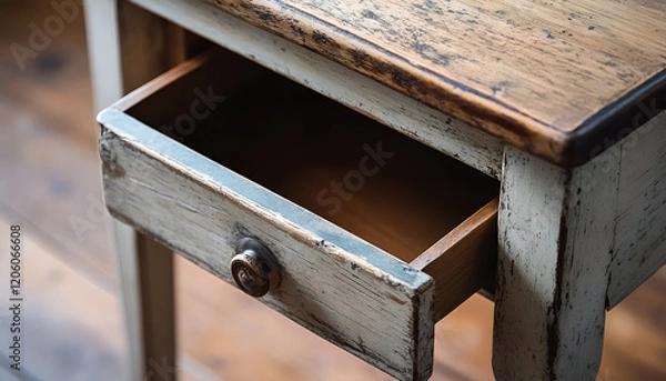 Fototapeta Open wooden drawer of vintage writing table