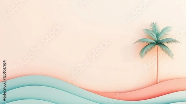 Fototapeta Tranquil Tropical Scene with Waves and a Palm Tree