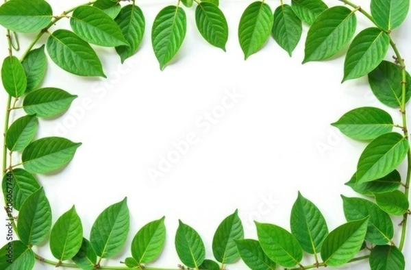 Fototapeta Green leaves as a frame on white paper background. Flat lay