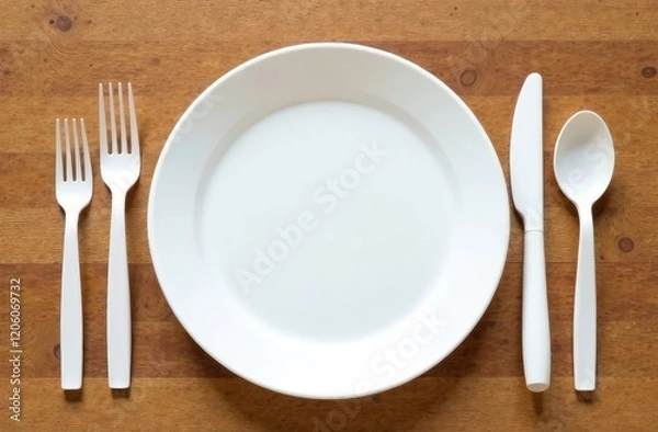 Obraz White plastic tableware on a wooden background 