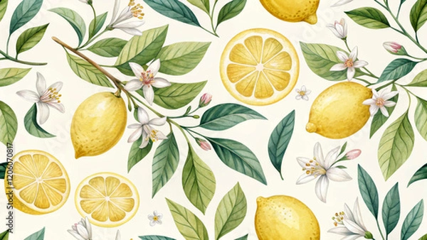Fototapeta A vibrant pattern features ripe lemons, lemon slices, and delicate white blossoms intertwined with green leaves.Design captures a fresh and summery feel,perfect for a lively kitchen or dining space.AI