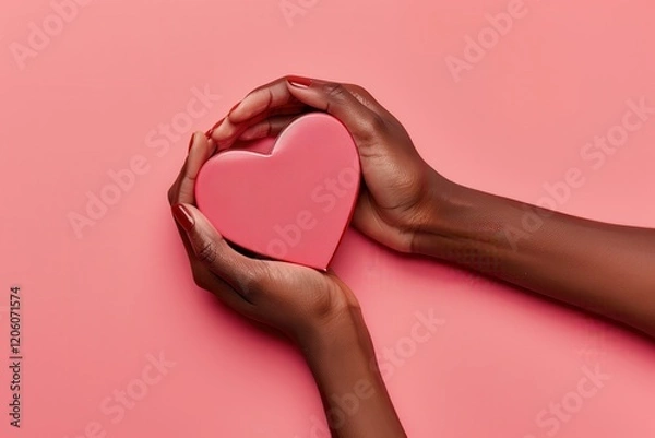 Obraz A heart-shaped gift box held in dark skin female hands, set on a soft pink surface for a romantic feel..