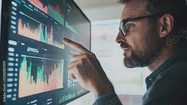 Obraz Businessman Analyzing Financial Charts on Large Screen Display