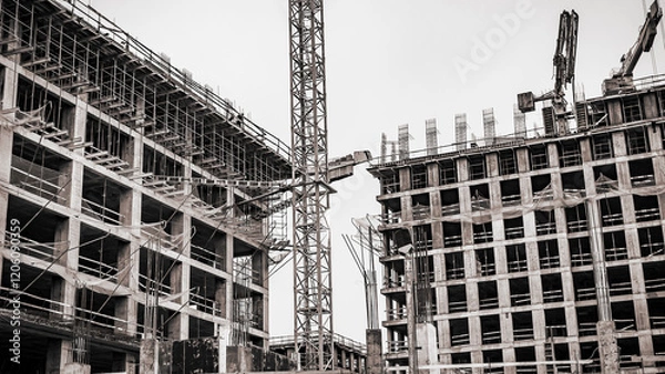 Obraz Urban Construction Featuring Cranes Depicted in an Artistic Black and White Style