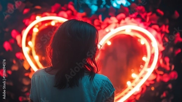 Fototapeta Neon heart shape frame composition background