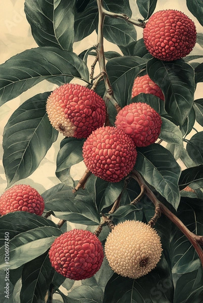 Obraz Lychees on a Branch with Lush Green Leaves