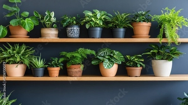 Fototapeta Diverse collection of indoor potted plants displayed on wooden shelves against a dark wall
