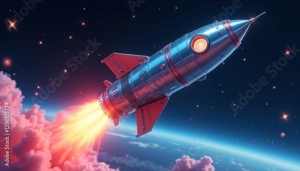 Obraz Rocket launching into space with bright flames in a vibrant cosmic background