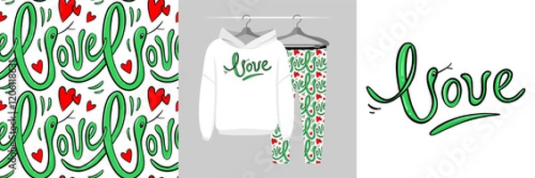 Obraz Seamless pattern and illustration with playful cute snakes and hearts. Green snake folded into word Love. Baby background, cute design showcased on garments, best for t-shirt print, card, wrapping