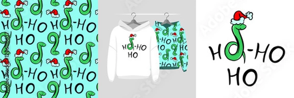 Obraz Seamless Christmas pattern and illustration with snakes, Ho-ho-ho text, Happy new year 2025, holidays cartoon cute design for t-shirt, decor, invitation, wrapping