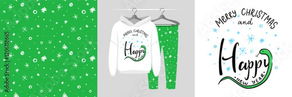 Obraz Seamless Christmas pattern and illustration with cute snake in xmas hat, Happy new year 2025, Santa Claus animal holidays cartoon character. Cute design on pajamas mockup. Cartoon character for clothe