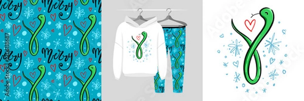 Obraz Seamless Christmas pattern and illustration with cute snake and snowflake, Merry text. Baby background, cute design showcased on garments, best for t-shirt print, card, wrapping