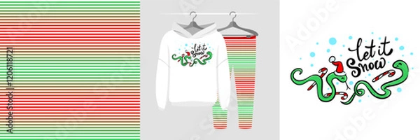 Obraz Seamless Christmas pattern and illustration with snakes and snowflakes, Let it snow text, Happy new year 2025, holidays cartoon cute design for t-shirt, decor, invitation, wrapping