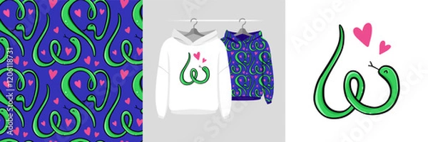 Obraz Seamless pattern and illustration with snake. Colorful snakes intertwined with hearts. Baby background, cute design showcased on garments, suitable for fashion t-shirt print, birthday card, wrapping