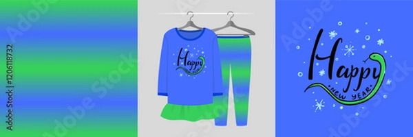Obraz Seamless Christmas pattern and illustration with cute snake in xmas hat, Happy new year 2025, Santa Claus animal holidays cartoon character. Cute design on pajamas mockup. Cartoon character for clothe