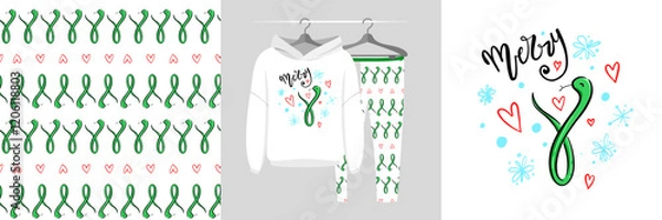 Obraz Seamless Christmas pattern and illustration with cute snake and snowflake, Merry text. Baby background, cute design showcased on garments, best for t-shirt print, card, wrapping