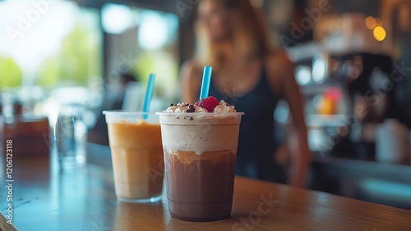 Fototapeta Chilled drinks at a virtual cafe catch-up. Refreshing chat