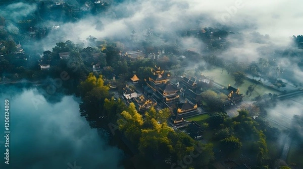 Fototapeta Misty Morning View of a Temple Complex Surrounded by Water and Trees