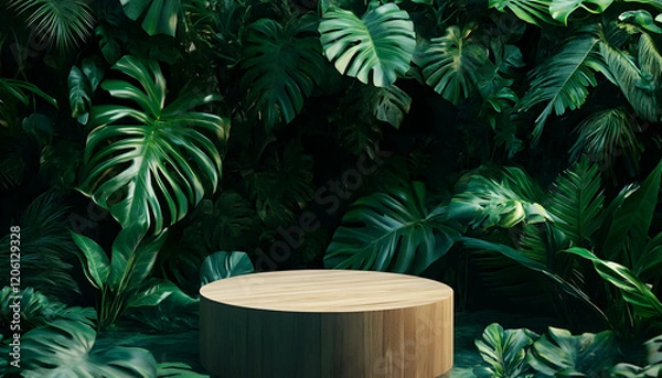 Fototapeta Wooden podium surrounded by tropical greenery for an elegant product showcase AI Generated
