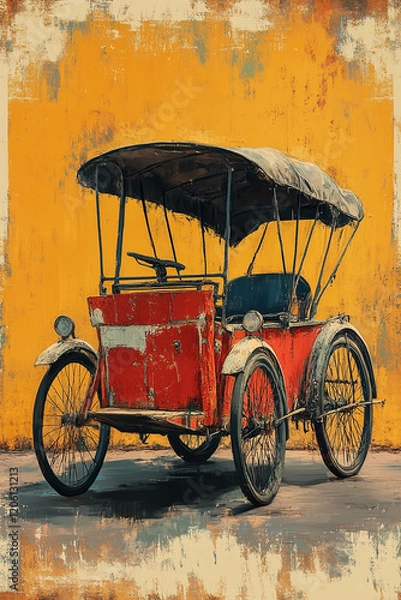 Fototapeta A Rustic Red Vintage Three Wheeled Carriage Against A Yellow Wall
