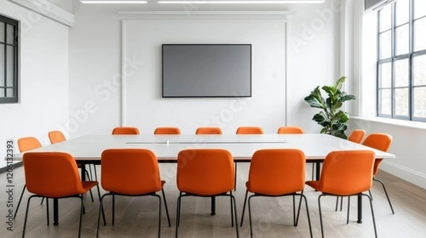 Obraz A modern conference room featuring a long table, orange chairs, a large wall-mounted screen, and bright natural light from large windows.