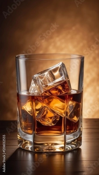 Fototapeta Close-up of premium amber whiskey in an elegant crystal glass with ice cubes. Professional beverage photography with warm lighting highlighting the rich color and texture of the spirit. Perfect for lu