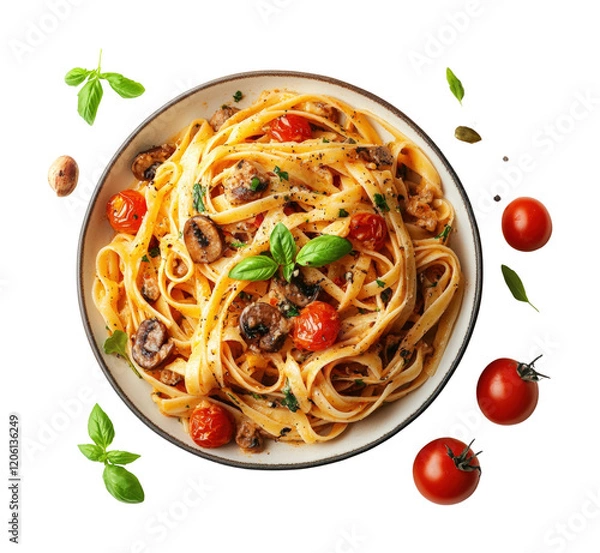 Obraz Delicious fettuccine pasta with mushrooms and cherry tomatoes garnished with fresh basil isolated on transparent background