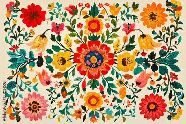 Fototapeta A lively contemporary set of traditional Mexican folk decorations, featuring symmetrical patterns of vivid flowers and foliage on a light background, ideal for textile printing and home decor