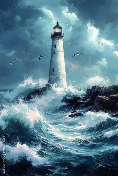 Obraz Lighthouse Stands Strong Against Powerful Ocean Waves