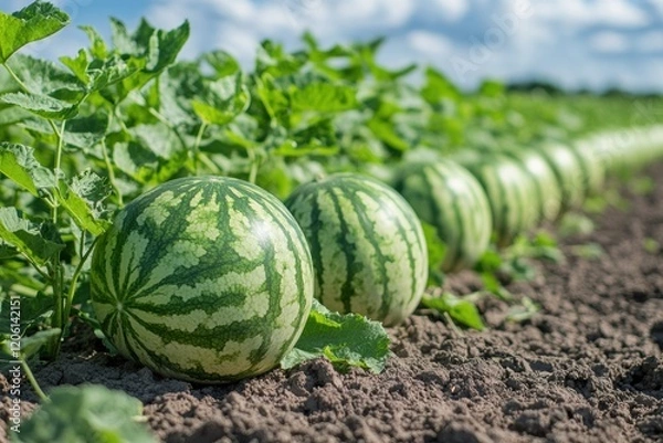 Fototapeta Watermelons growing in a field under a clear blue sky on a sunny day in summer
