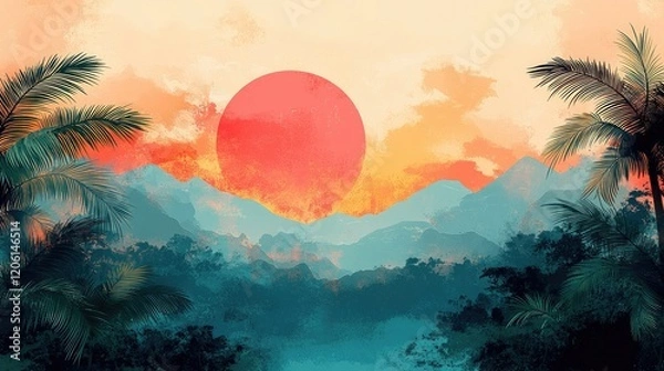 Fototapeta A vibrant sunset over mountains with palm trees, evoking tranquility and natural beauty.