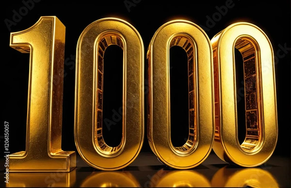 Fototapeta Three-dimensional shiny golden number 1000 on a reflective surface against a dark background