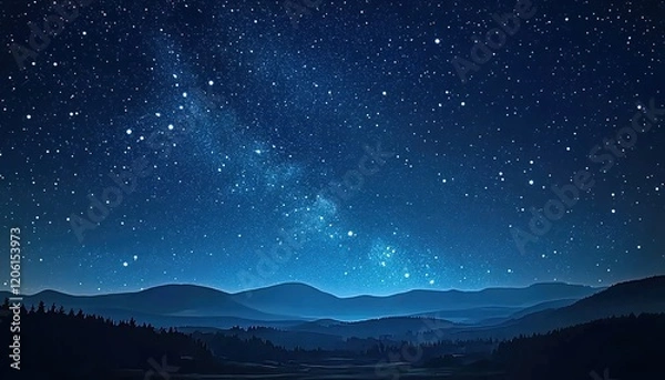 Fototapeta Starry night sky with the Milky Way, a vast expanse of stars in an open field. The view is from ground level, looking up at the starry sky. 