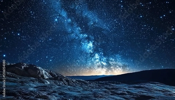 Fototapeta Starry night sky with the Milky Way, a vast expanse of stars in an open field. The view is from ground level, looking up at the starry sky. 